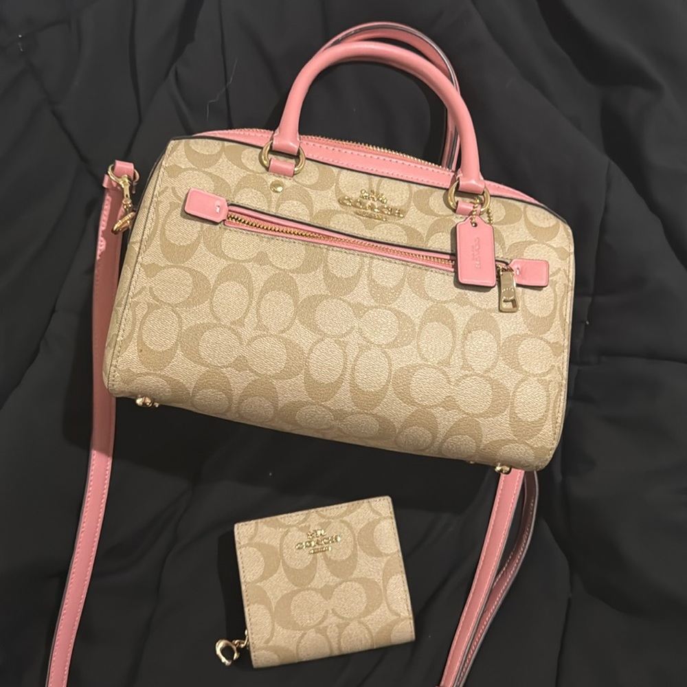 Coach Rowan Medium Satchel Light Khaki & Pink Bubblegum + Matching Snap Wallet